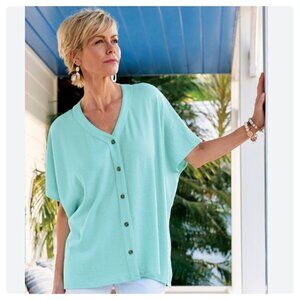 Soft Surroundings Petites Patrice Blue Oversized Button Down Top size PS/PM